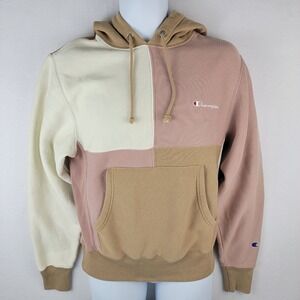 Champion Reverse Weave Colorblock Hoodie Beige/Pink/Cream Cotton Blend S